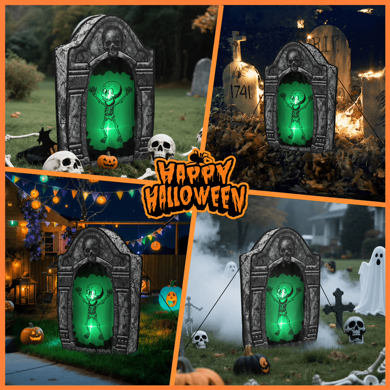 Wondiair 41" Halloween Skull Tombstone with Glowing LED Eyes, Foldable Outdoor Graveyard Decoration for Yard, Lawn, Cemetery & Haunted House