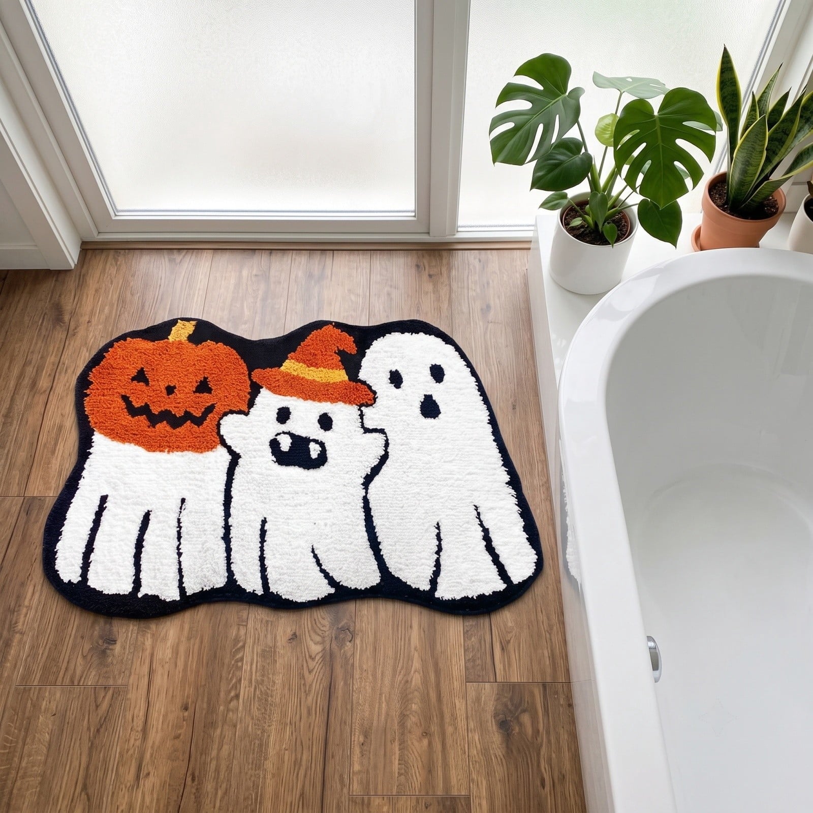 Halloween Doormat Ghost Bath Mat 23.6x15.7in Secure-Grip Absorbent Soft Faux Fur Rug for Bathroom Bedroom Living Room Decor by OVFUIZ