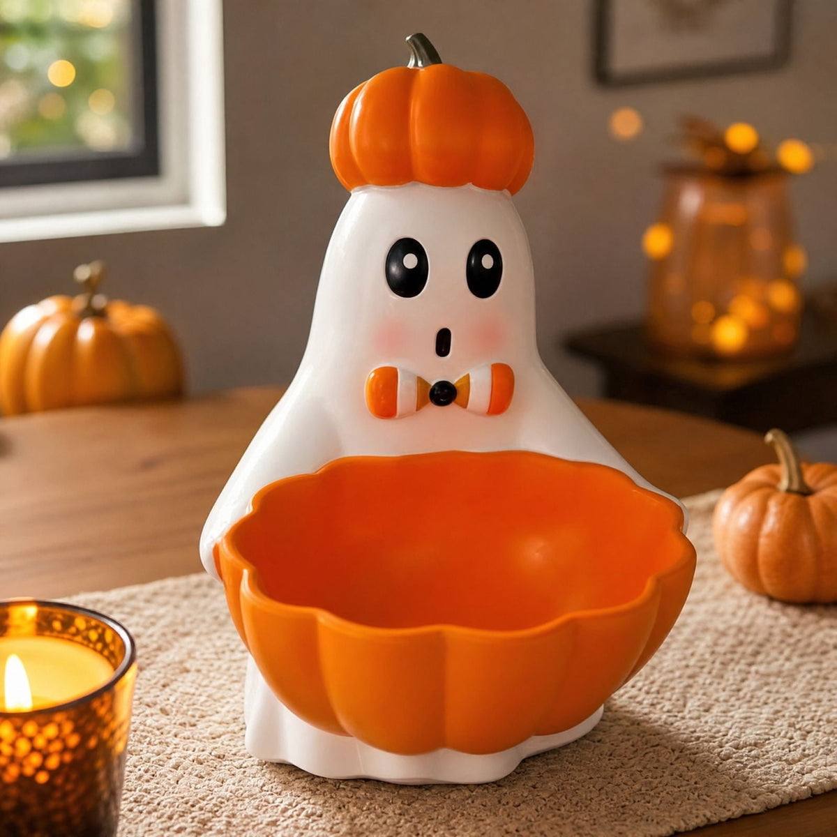 Diceymbol Halloween Pumpkin Snack Bowl Stand Collapsible Broomstick Candy Tray for Cupcakes & Desserts, Resin Serving Platter with Ceramic Pumpkin Bowls