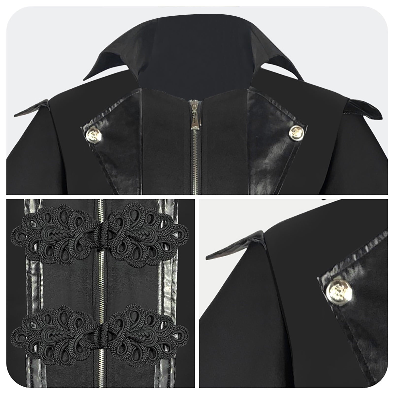 WREESH Mens Steampunk Long Trench Coat Gothic Vintage Tailcoat Jacket Lapel Zip Up Overcoat Leather Deco Lace Up Frock Coat Black