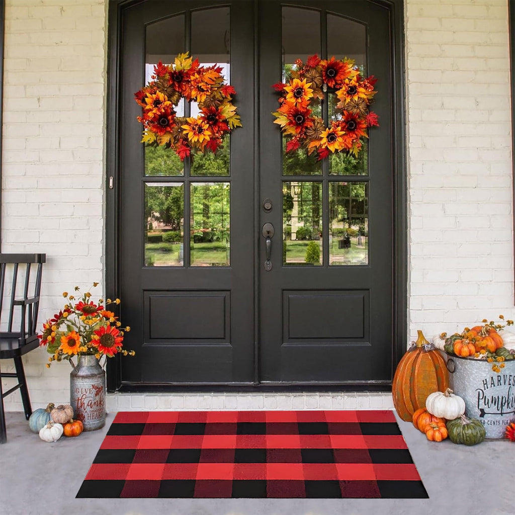 Orange Plaid Fall Outdoor Mat, Hand-Woven Porch Rug for Thanksgiving Halloween Door Decor