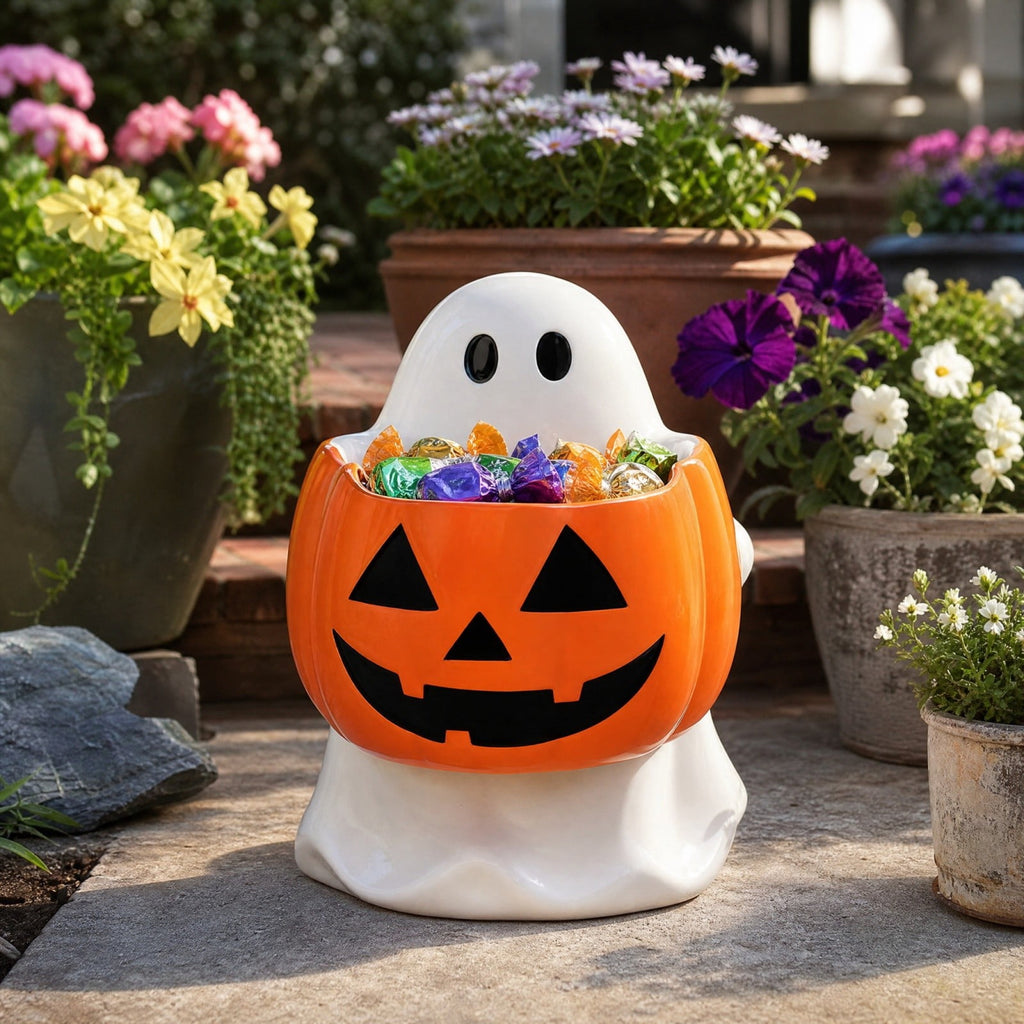 Diceymbol Halloween Pumpkin Snack Bowl Stand Collapsible Broomstick Candy Tray for Cupcakes & Desserts, Resin Serving Platter with Ceramic Pumpkin Bowls