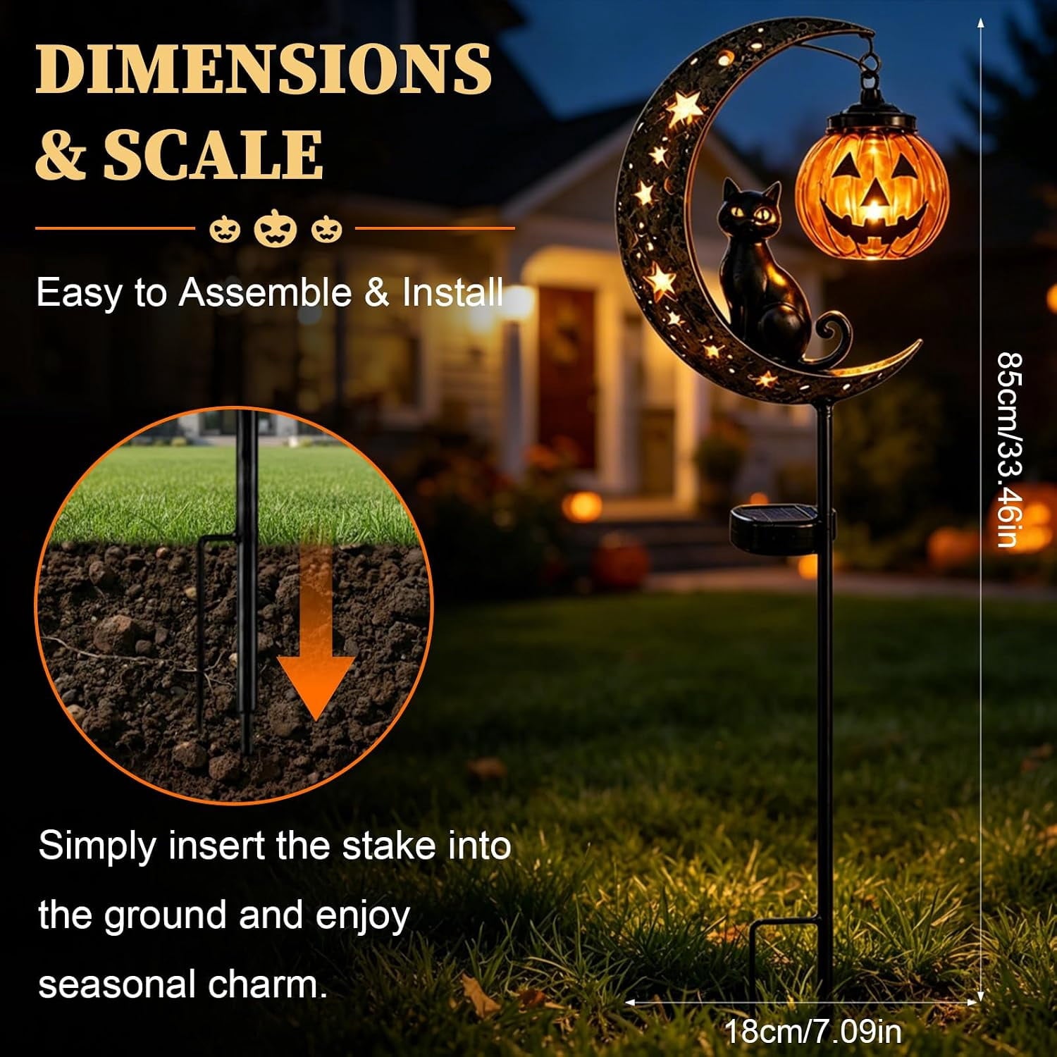 Solar Halloween Black Cat & Pumpkin Moon Garden Stake Light | Waterproof Metal Black Cat Yard Ornament, Auto On Off Solar Outdoor Light, Fall Halloween Decor Stake for Lawn Patio Pathway