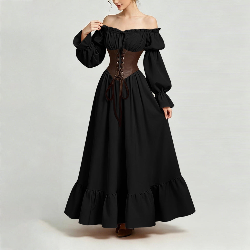 QATAINLAV Renaissance Costume Women Vintage Medieval Dress Cold Shoulder Short Sleeve Peasant Pirate Irish Maxi Dresses, Black, L