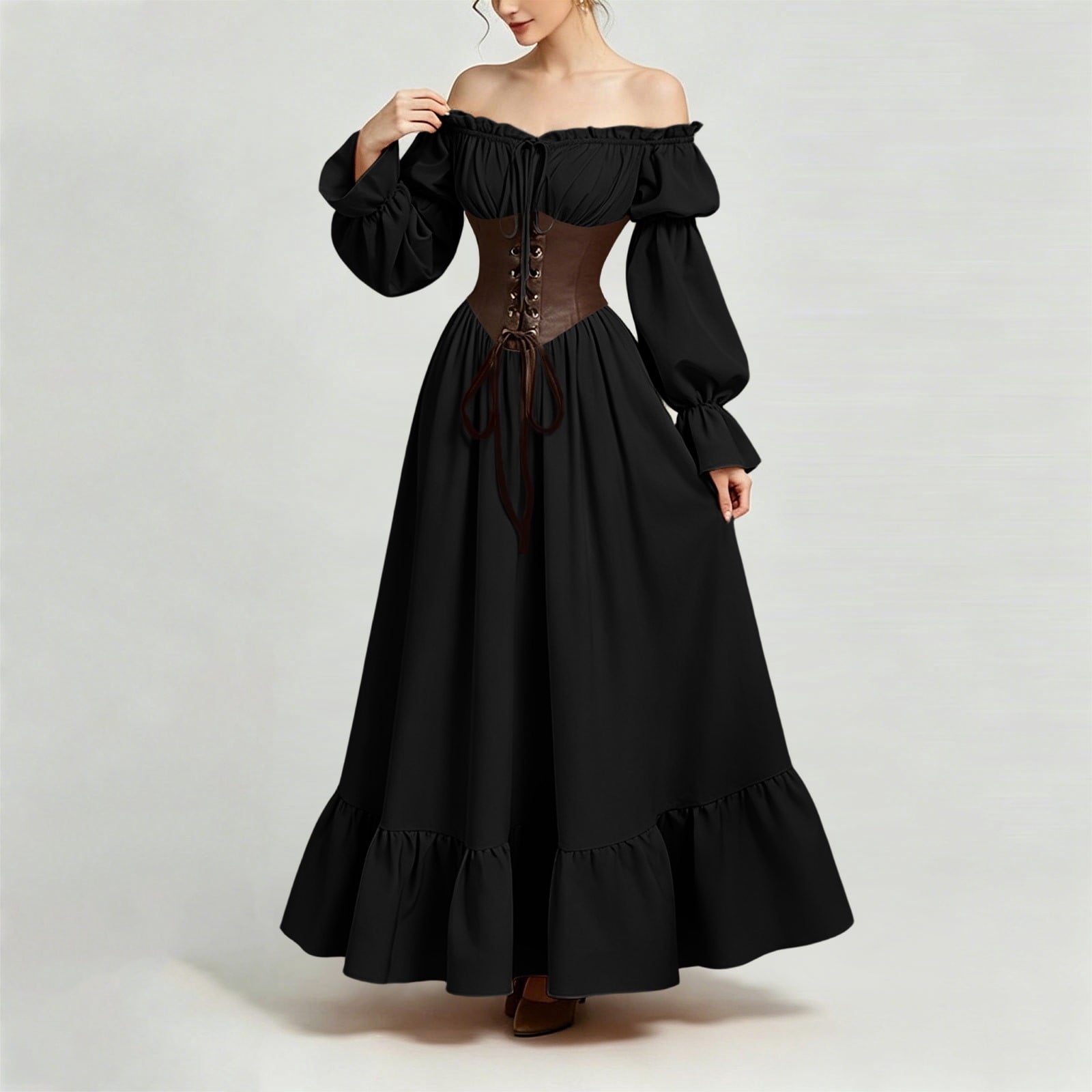 QATAINLAV Renaissance Costume Women Vintage Medieval Dress Cold Shoulder Short Sleeve Peasant Pirate Irish Maxi Dresses, Black, L