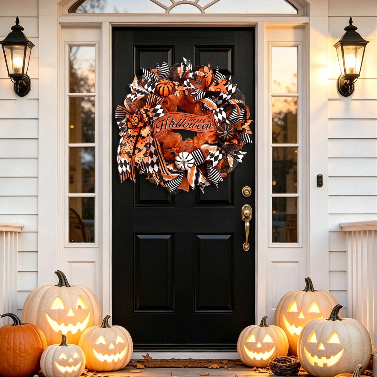 Yastouay 20" Halloween Wreath for Front Door Orange Black Mesh Wreath with Pumpkins "Happy Halloween" Fall Harvest Decor for Party
