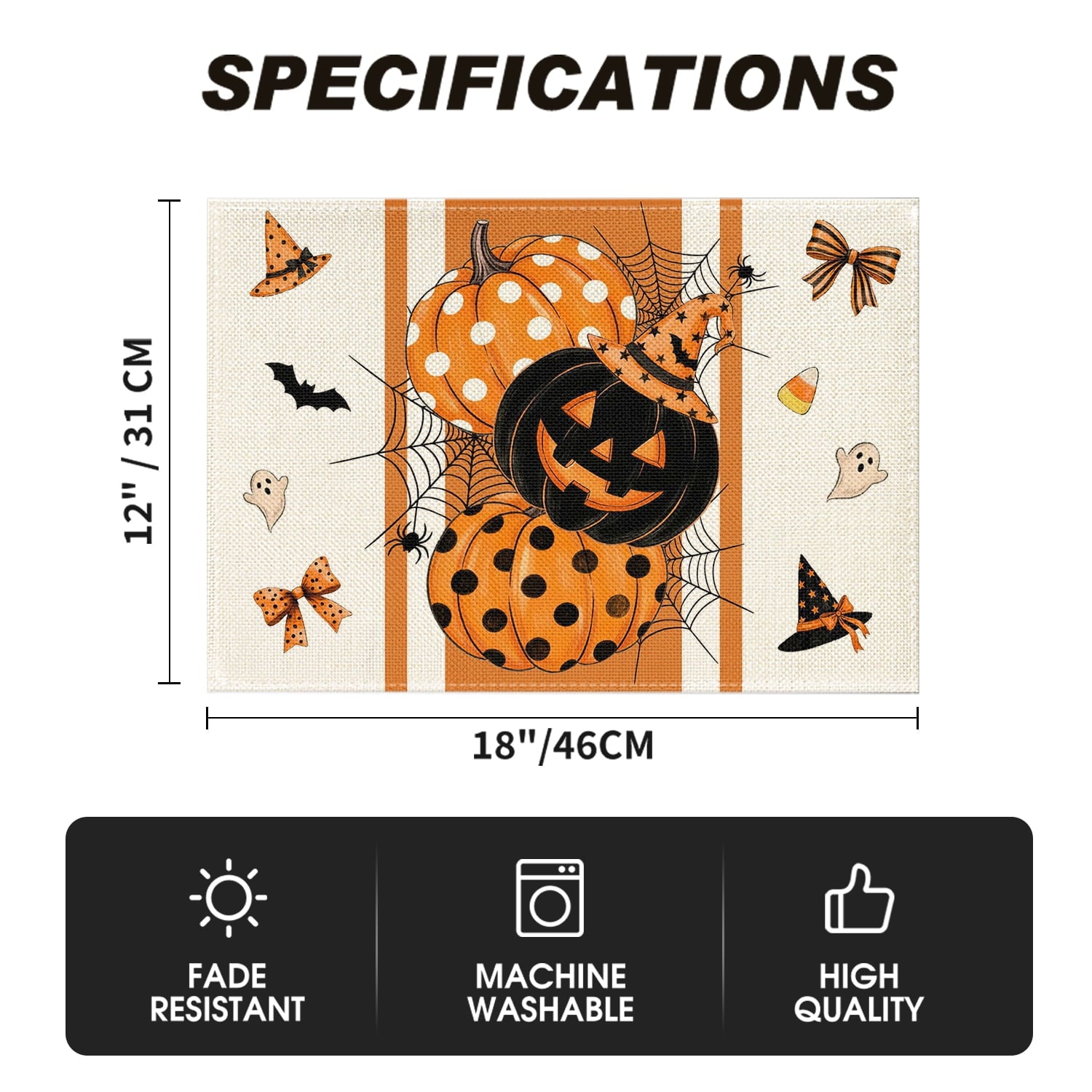 Smile Jack-O'-Lantern Spider Web Halloween Table Placemats Set of 4 Round 15 Inch Black