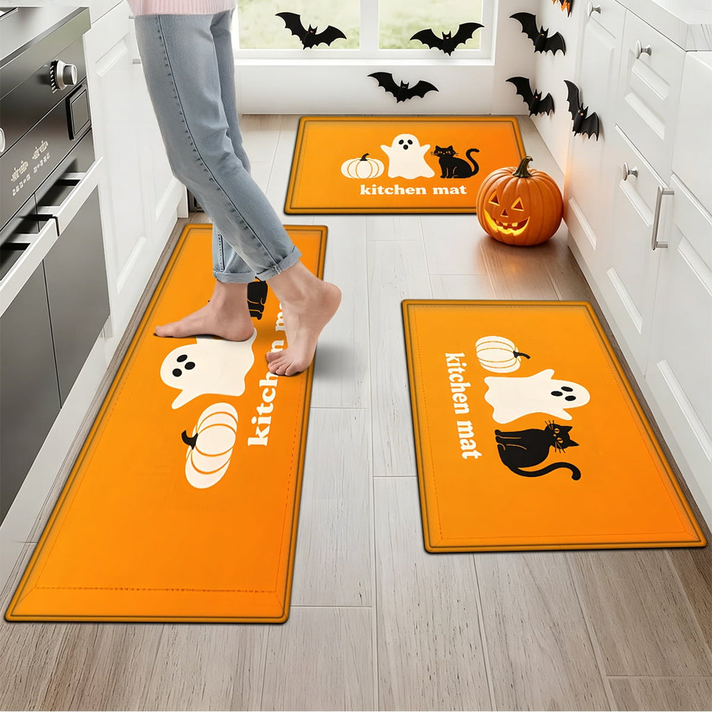 YIMEIS Halloween White Pumpkin Multi-purpose 3-Piece Flannel Mat and Kitchen Rugs,Soft Non-slip for Home Bedroom Bathroom