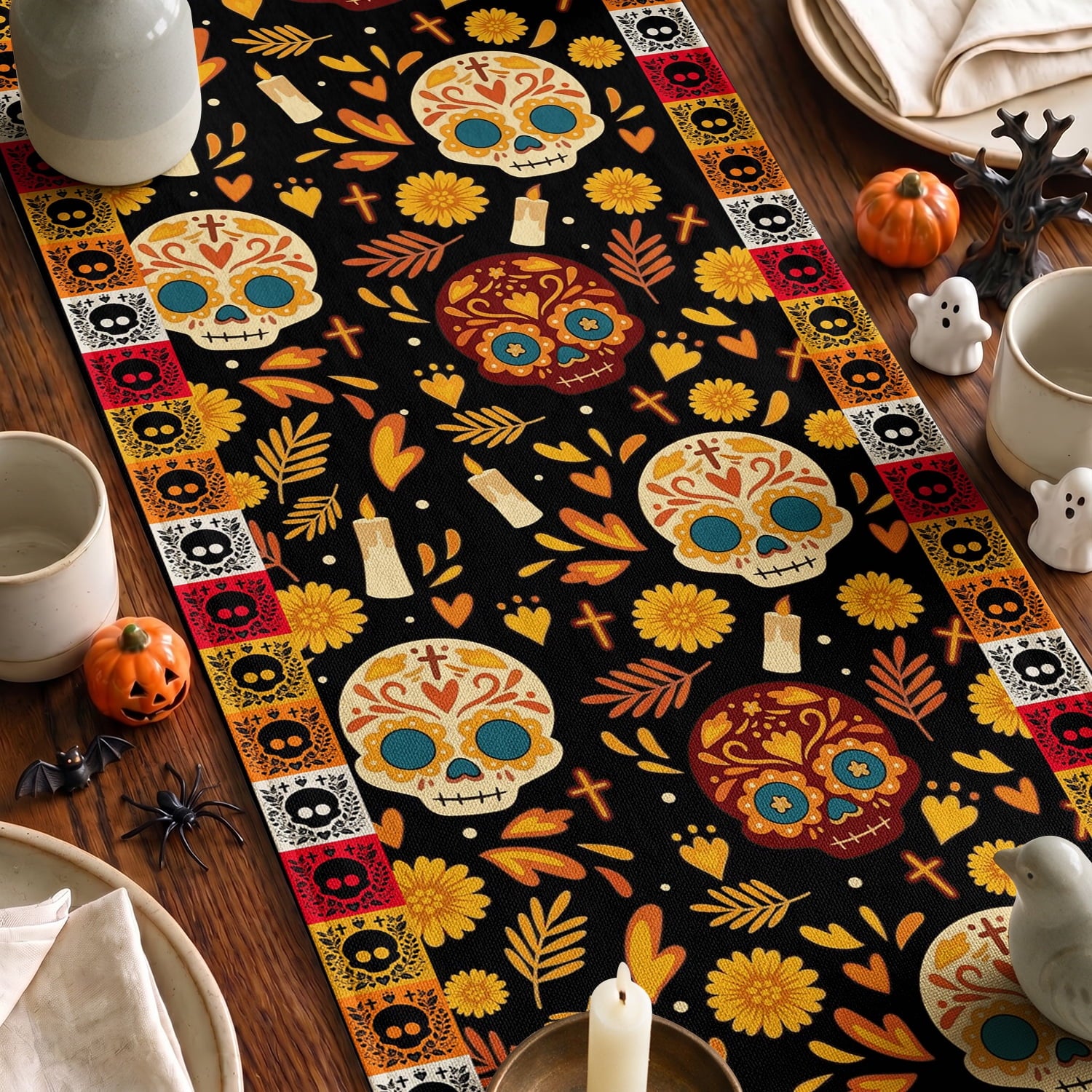 Sm:)e Halloween Table Runner Ghost Pumpkin 13x72 Inch, Halloween Party Kitchen Dining Indoor Outdoor Decorations,Orange