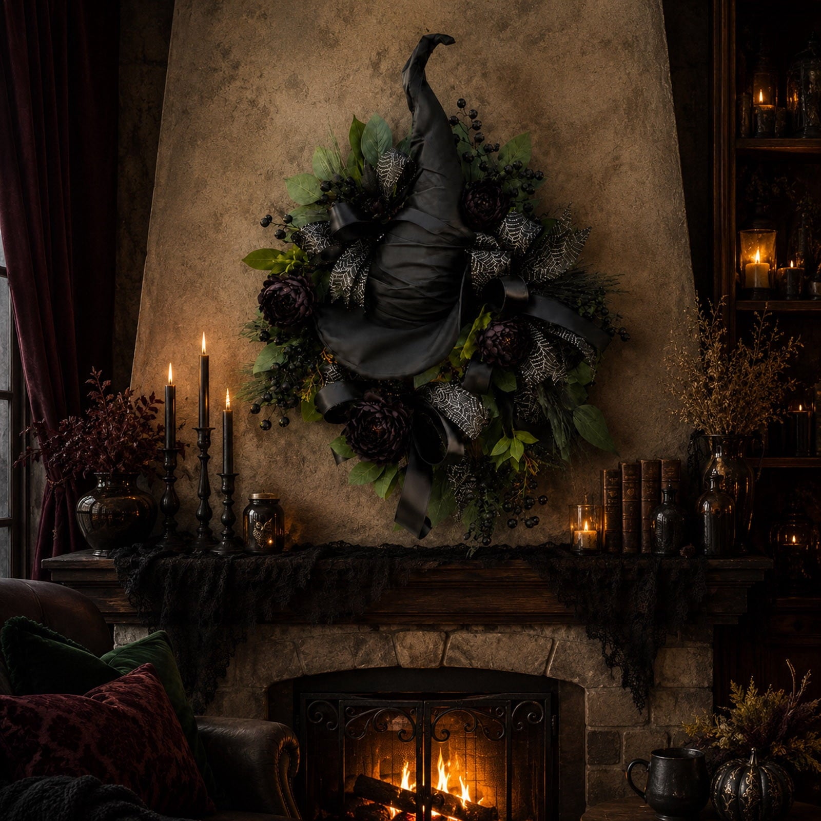 Luckky Black Rose Witch Hat Front Door Wreath,Elegant Spooky Halloween Door Decor with Spider Web Ribbon,Creepy Stylish Wreath for Home Accent,Gothic Themed Party & Indoor Room