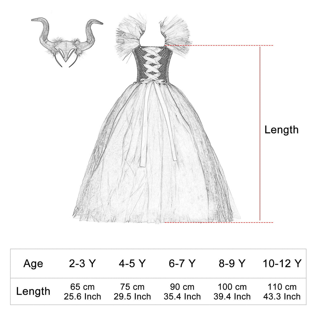 KAWELL Halloween Maleficent witch dress with headband set vampire witch costume 1-12 years old