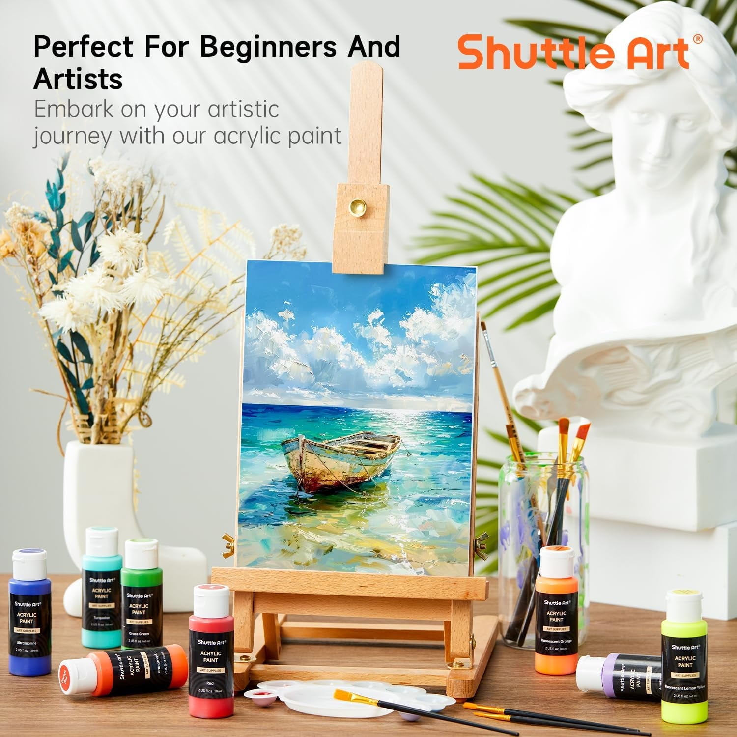 Shuttle Art Acrylic Paint Set, 36 Colors Acrylic Paint with Brushes & Palette, 2oz Bottles, Rich Pigments Non-toxic Paint for Artists Adults, Art Supplies for Canvas Rock Ceramic Wood Painting