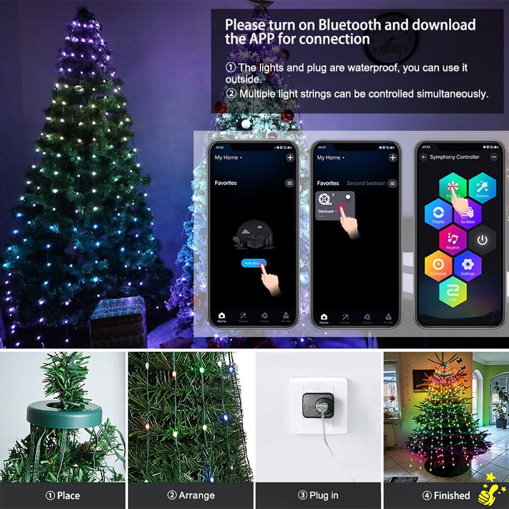 IC ICLOVER Christmas Tree String Lights Decorations with Ring Smart APP, 200 LED Waterfall Lights IP65 Waterproof Multi-Modes with Remote Color Changing Lights for Wedding Yard Party Home Holiday