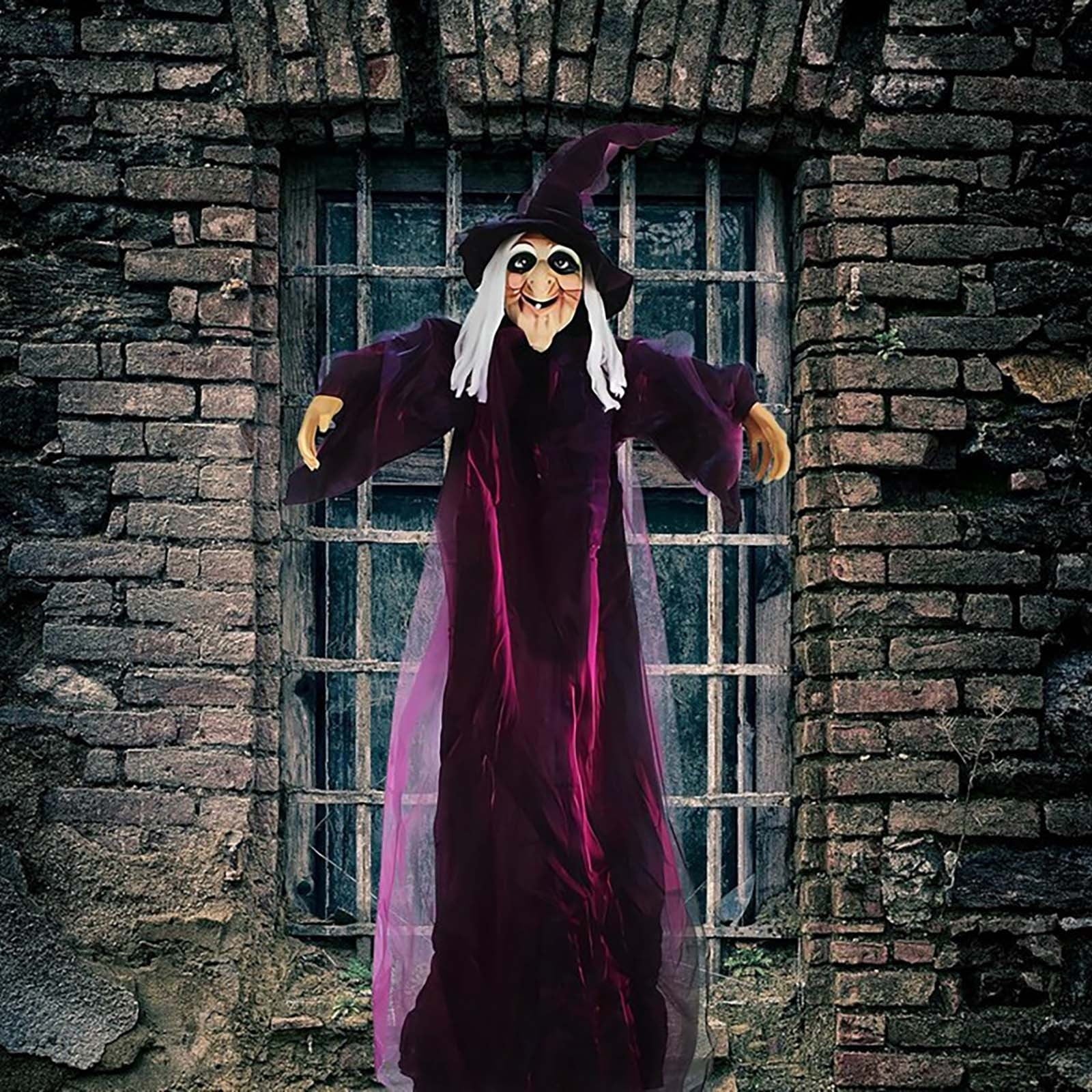DAMAI 5.9 FT Hanging Witch Halloween Decorations Outdoor,Hanging Witch Halloween Decor,Giant Animated Standing Talking Witch with Red Eyes,Flying Witch Standing Decor for Haunted House Props