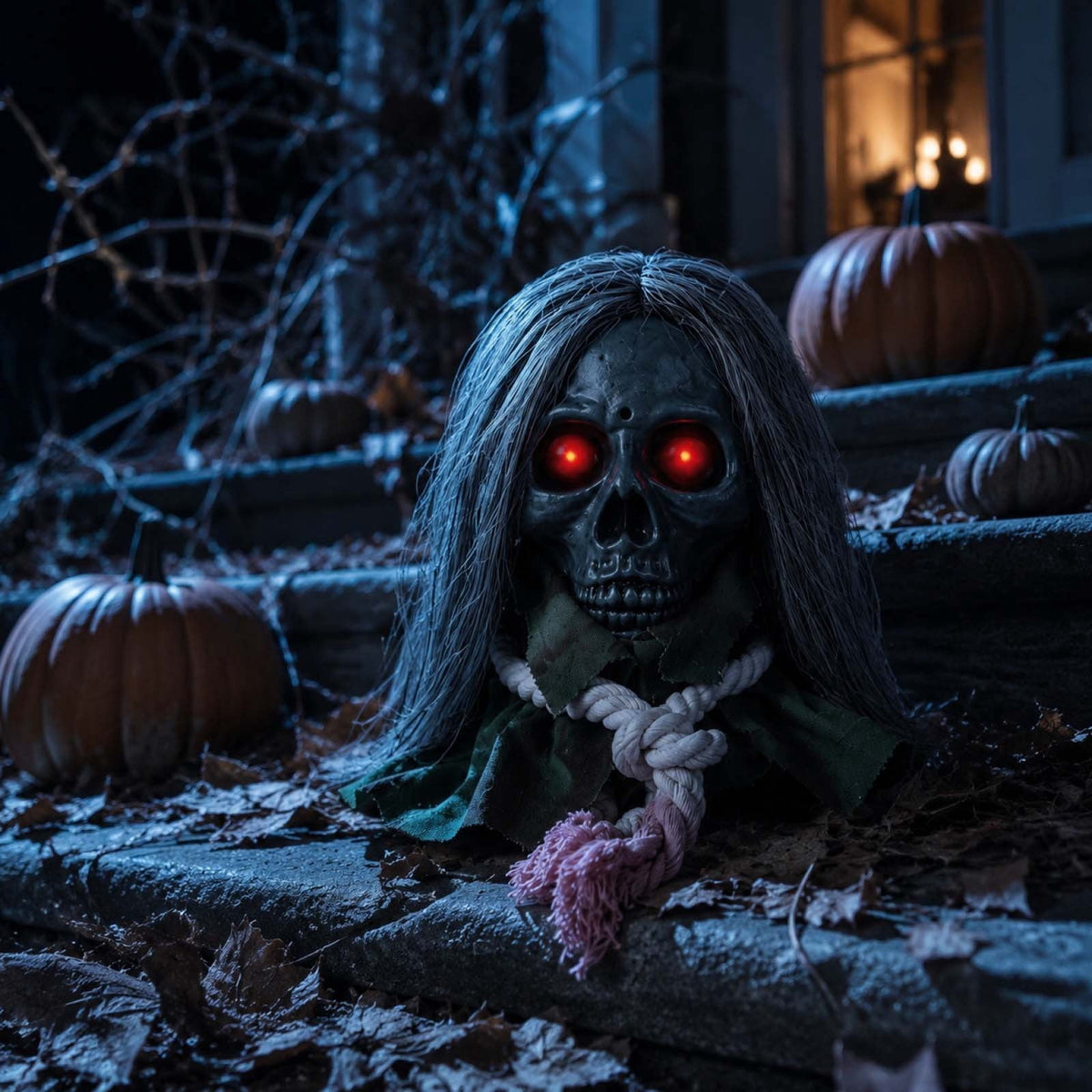 Animated Walking Skull Head with Light-Up Red Eyes Creepy Moving Halloween Prop with Long Grey Hair Horror Music Motorized Resin Decoration for Party Yard Indoor Outdoor Spooky Decor Gift