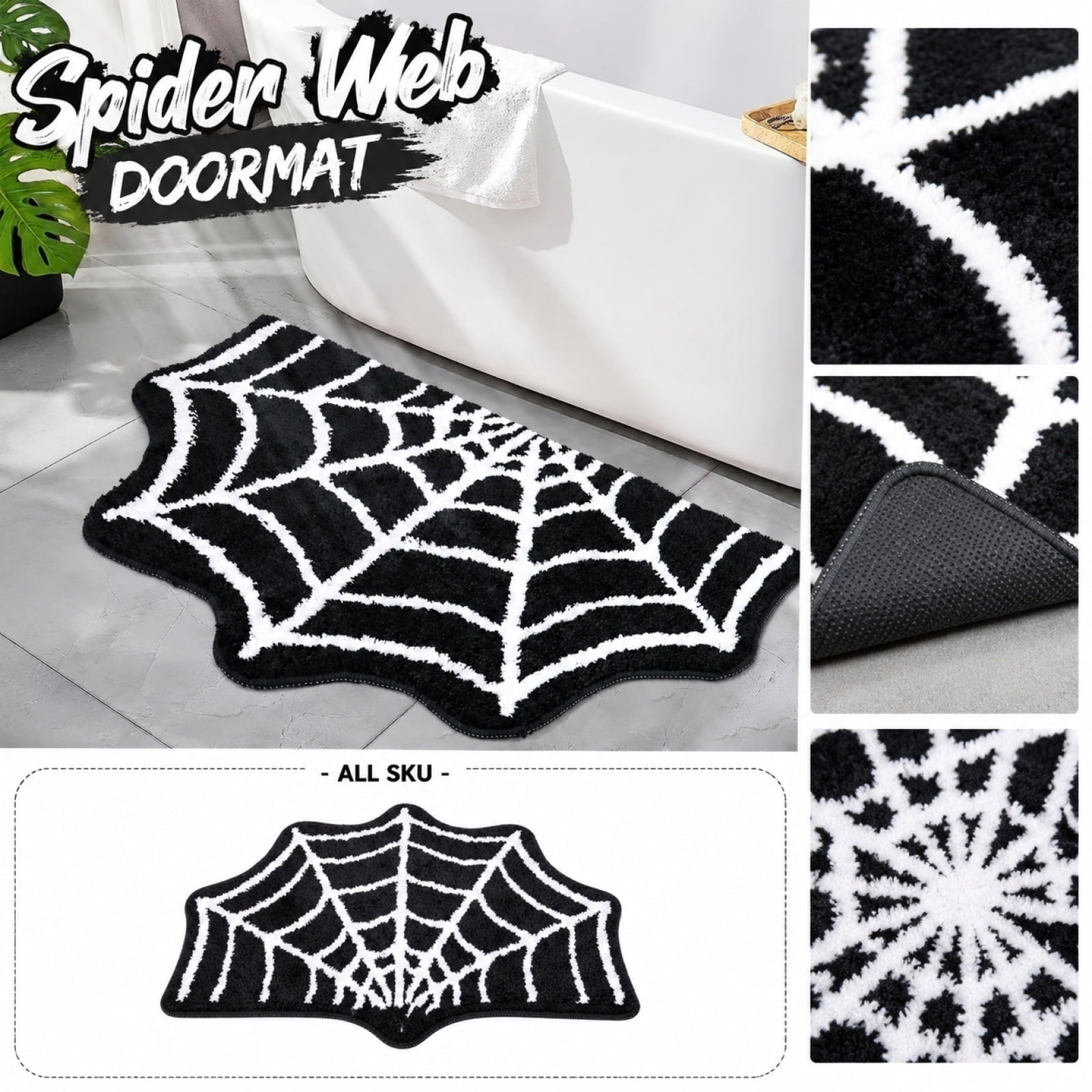 Halloween Rug, Spiderweb Floor Mat, Non-Slip Soft Pile Halloween Decoration Carpet for Non-Slip Indoor/Outdoor Doormat For Party Decoration