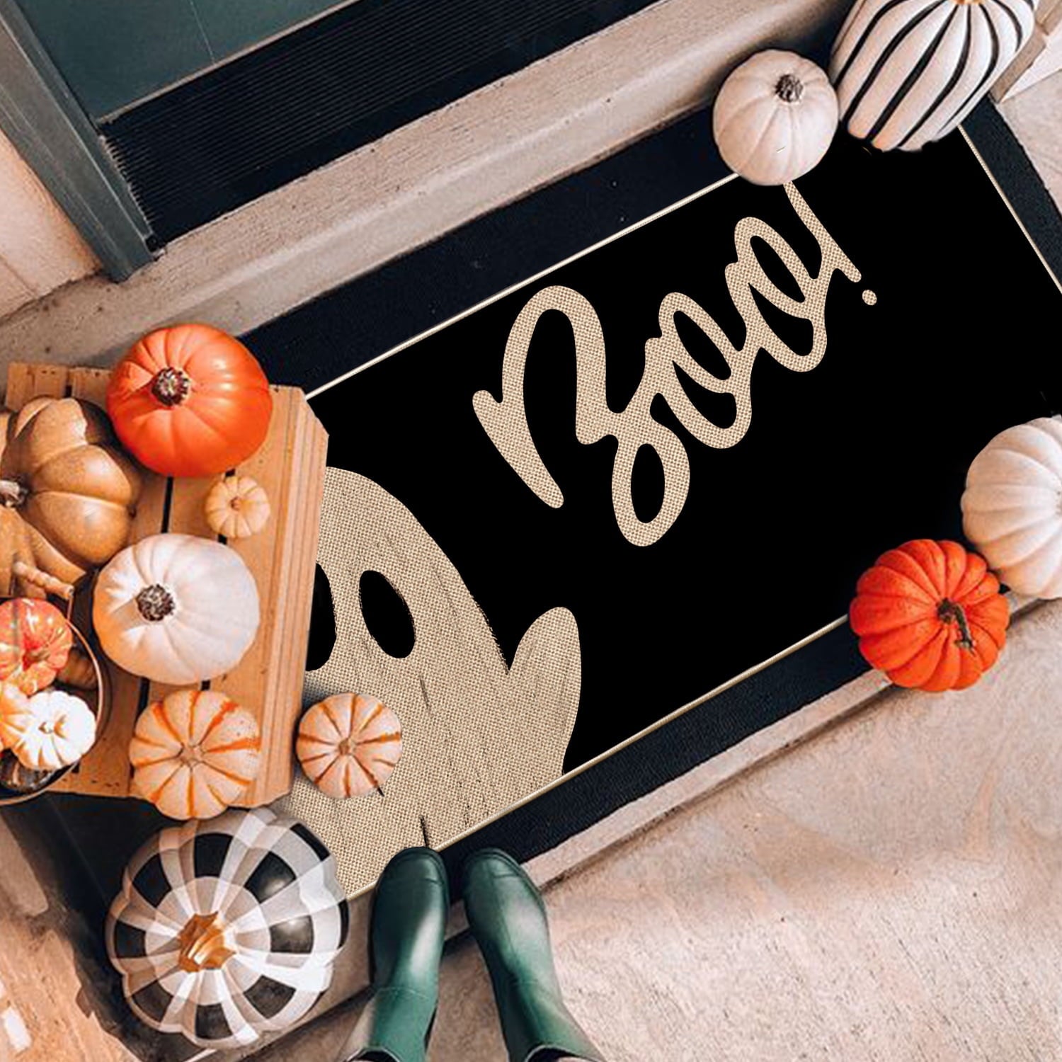 Sm:)e Polka Dot Black Cat, Jack-O'-Lantern, Ghost Halloween Welcome Doormat, 17x29 Inch