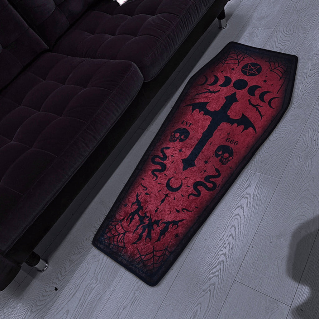 Coffin Shaped Gothic Rug Halloween Themed Floor Mat Non- Decorative Carpet for Indoor Home Party