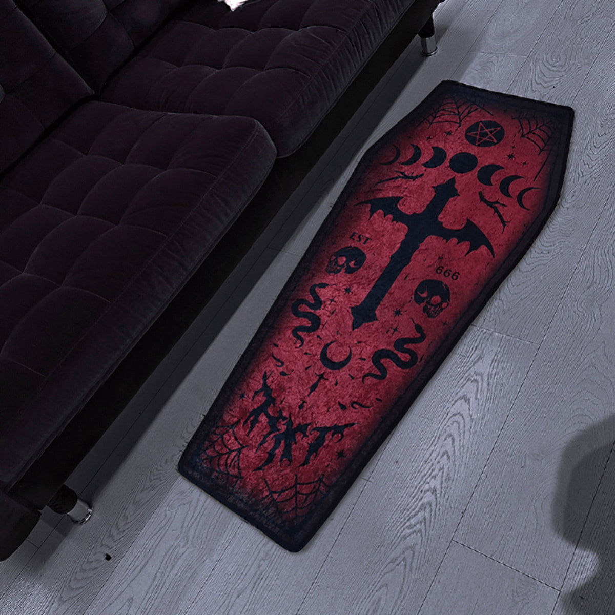 Coffin Shaped Gothic Rug Halloween Themed Floor Mat Non- Decorative Carpet for Indoor Home Party