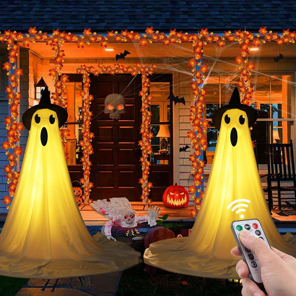 2Pcs Halloween Decorations Outdoor Ghost, DIY Ghost Kit Decor with Witch Hat Remote Control String Lights Halloween Decorations Indoor Halloween Ghost Lights for Porches Yards Gardens Lawn