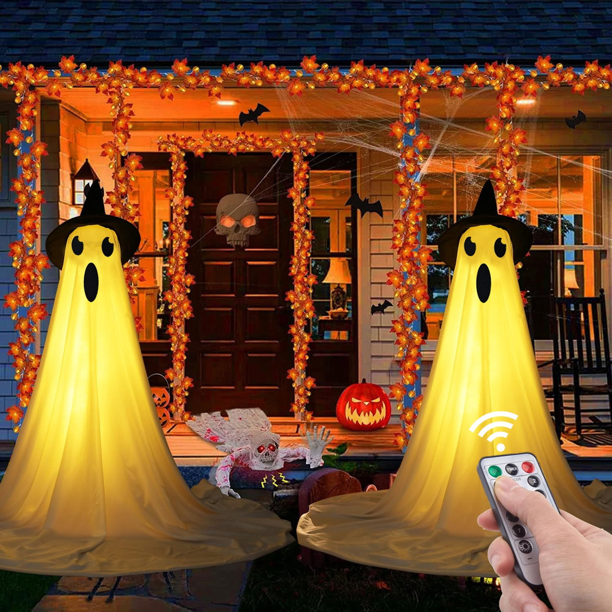 2Pcs Halloween Decorations Outdoor Ghost, DIY Ghost Kit Decor with Witch Hat Remote Control String Lights Halloween Decorations Indoor Halloween Ghost Lights for Porches Yards Gardens Lawn