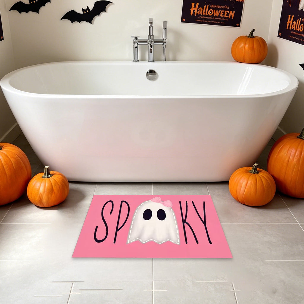 Halloween Doormat Ghost Bath Mat 23.6x15.7in Secure-Grip Absorbent Soft Faux Fur Rug for Bathroom Bedroom Living Room Decor by OVFUIZ