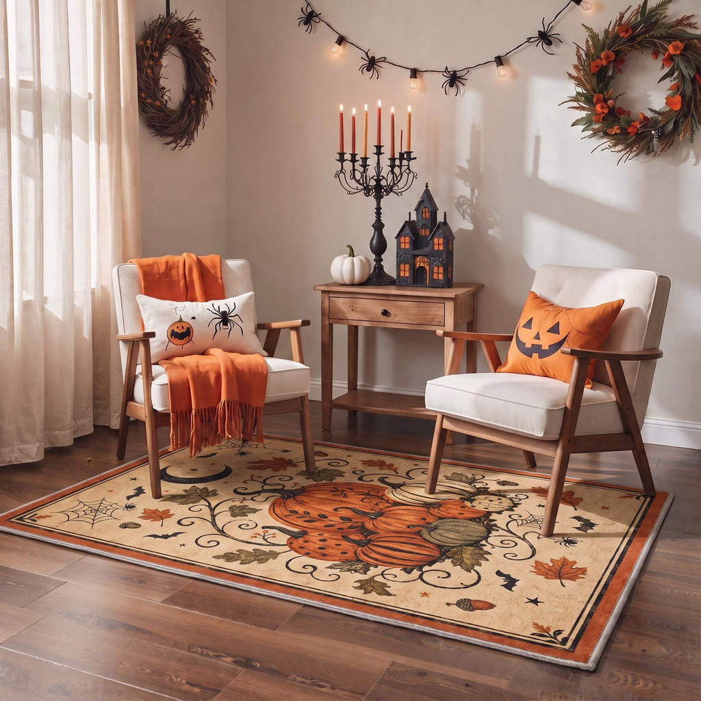 GENIMO 5'x7' Halloween Area Rug for Living Room, Washable Non Slip Soft Farmhouse Pumpkin Indoor Rug for Bedroom Dining Room Home Office, Vintage Sepia