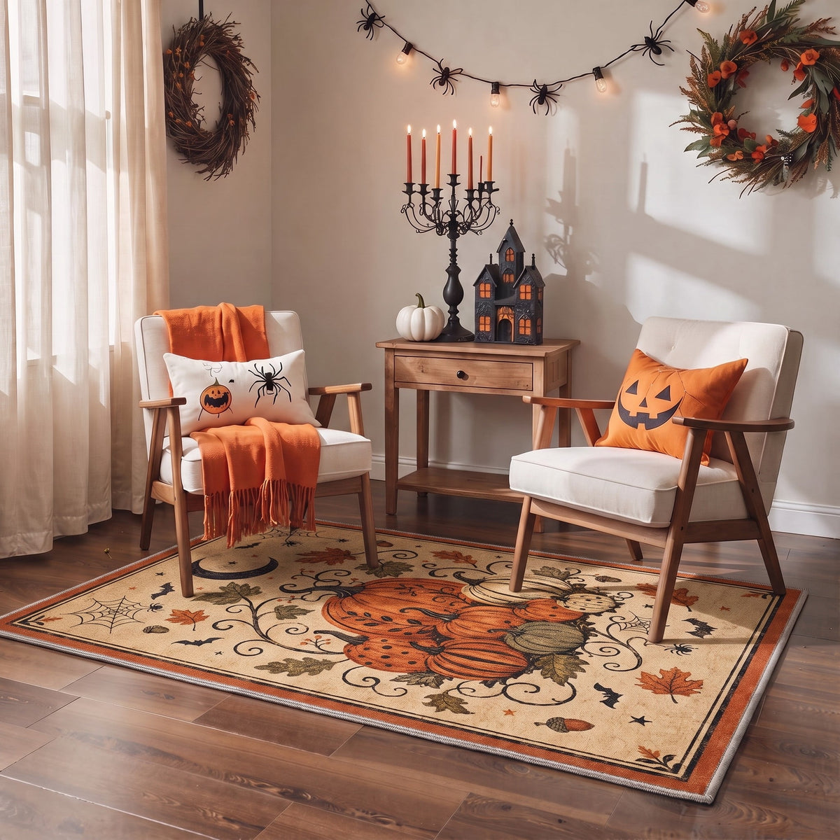 GENIMO 5'x7' Halloween Area Rug for Living Room, Washable Non Slip Soft Farmhouse Pumpkin Indoor Rug for Bedroom Dining Room Home Office, Vintage Sepia
