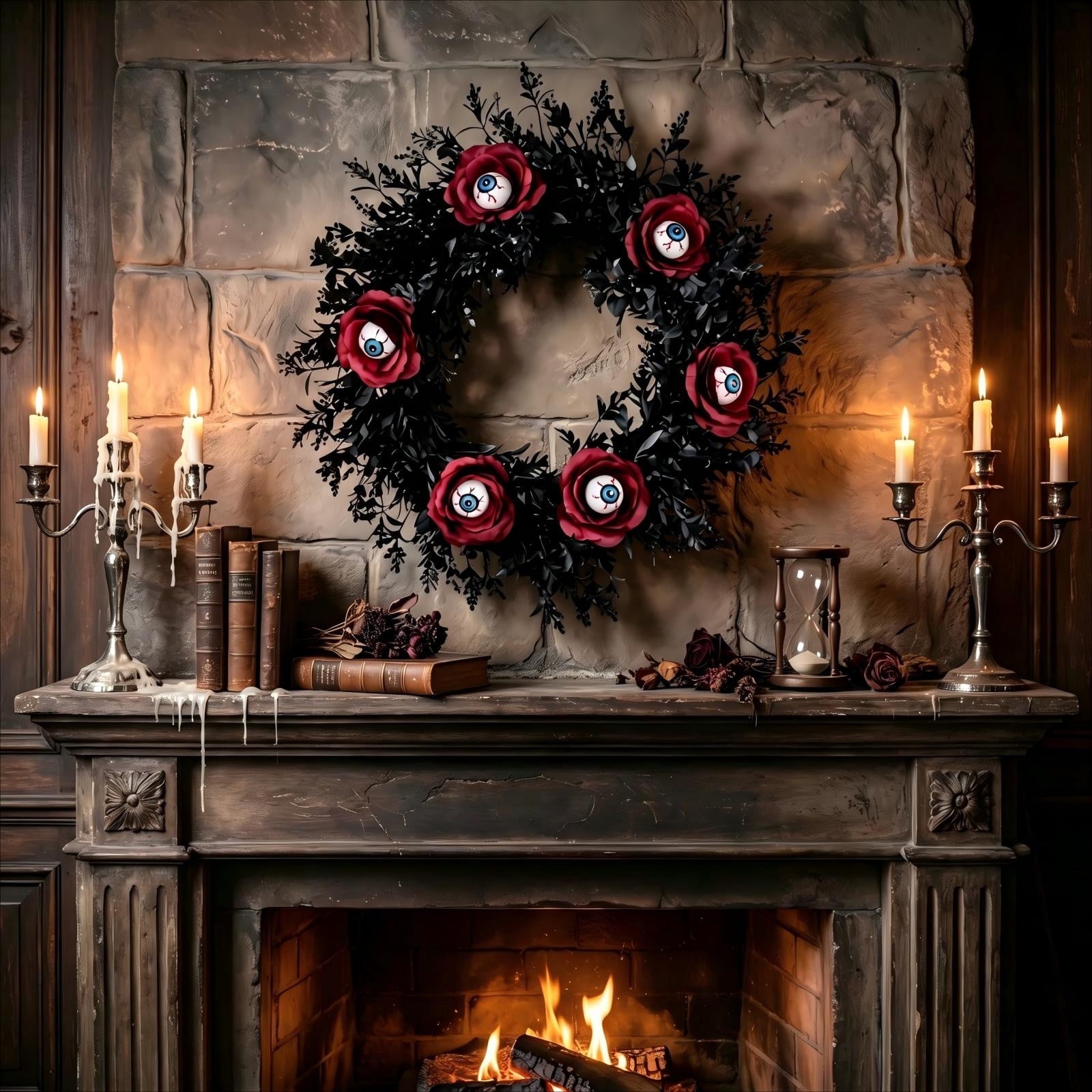 Gcvizuso Halloween Crescent Floral Wreath, Orange Red Rose Hydrangea Fall Front Door Decor for Autumn Harvest Celebration