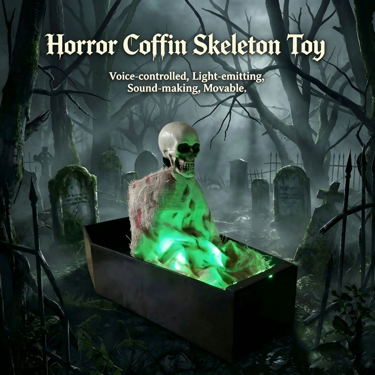 Voice Activated Animated Skeleton in Coffin, Spooky Halloween Decorations Prop with Green LED Light & Scary Sounds, Funny Tabletop Horror Skull Ghost Decor for Party Prank