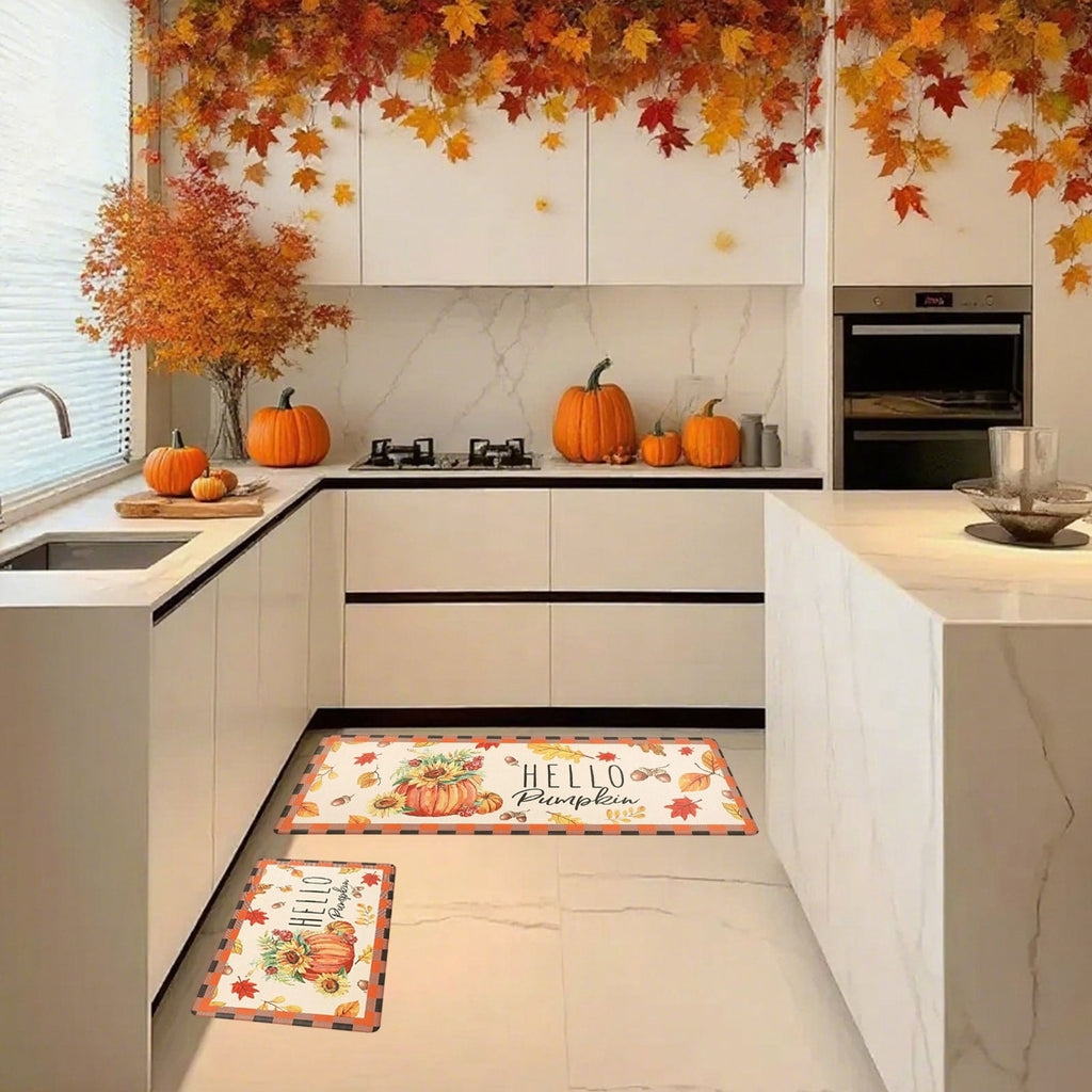 HOARBOEG Kitchen Floor Mat, Halloween Thanksgiving Fall Floor Mats 2-Piece Set - Non-Slip Pumpkin Maple Leaf Decor Rug for Bathroom Kitchen Porch Entrance, Holiday Home Decor