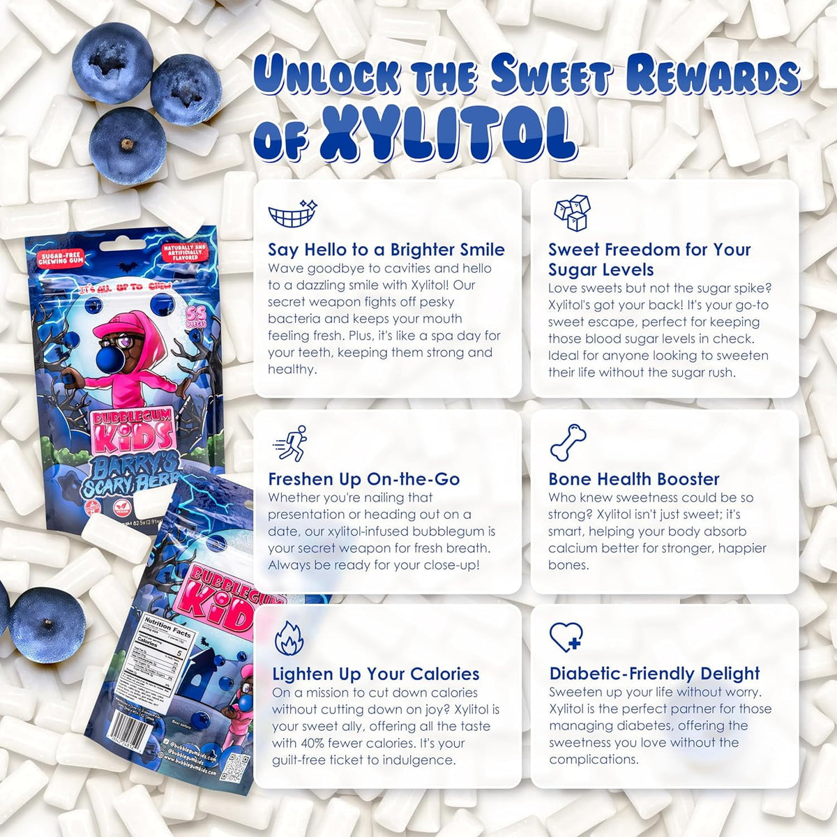 Bubblegum Kids Sugar-Free Gum, Healthy Xylitol, Blueberry, 1 Pack, 55 Pieces