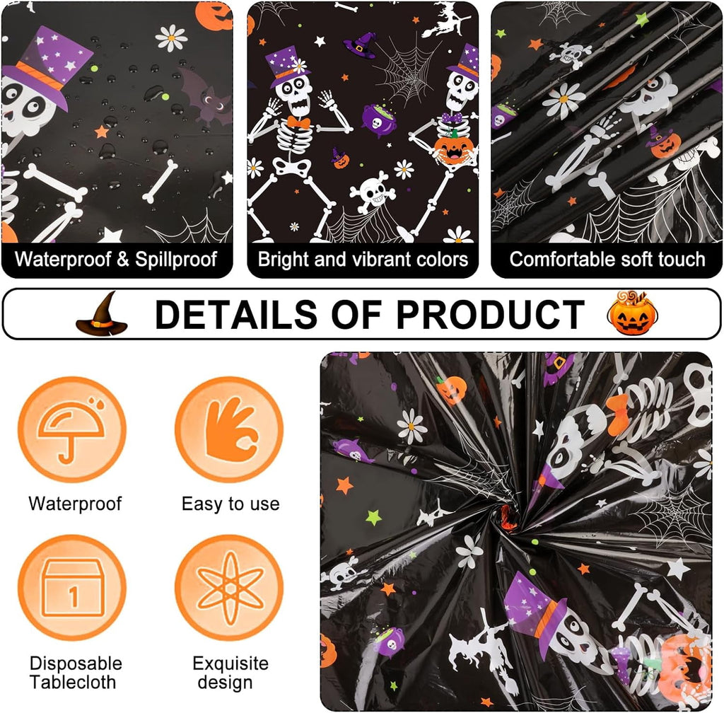 3 Pack Halloween Party Tablecloth 108 x 54 in, Halloween Dancing Skeleton Plastic Table Cover for Halloween Decorations Favors Supplies Indoor Outdoor Backdrop Banner