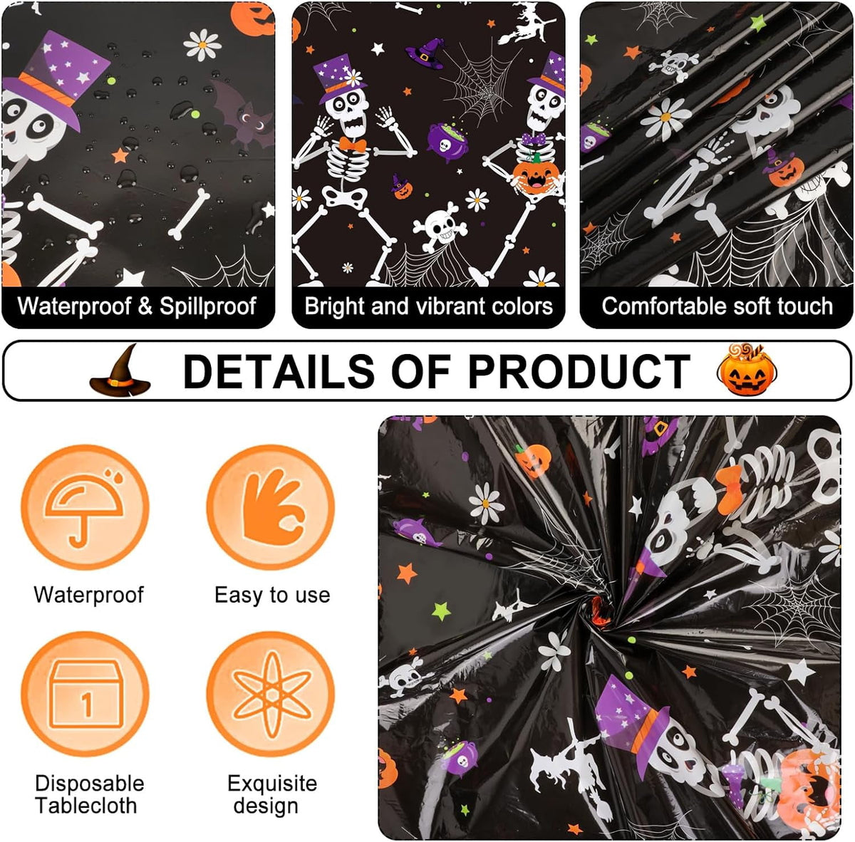 3 Pack Halloween Party Tablecloth 108 x 54 in, Halloween Dancing Skeleton Plastic Table Cover for Halloween Decorations Favors Supplies Indoor Outdoor Backdrop Banner