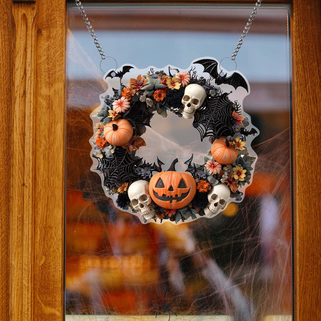 Btomtd Diameter 8" Pumpkin Skull Wreath Halloween Decor Acrylic Round Disk Hanging Ornament with Garland for Front Door Window, B