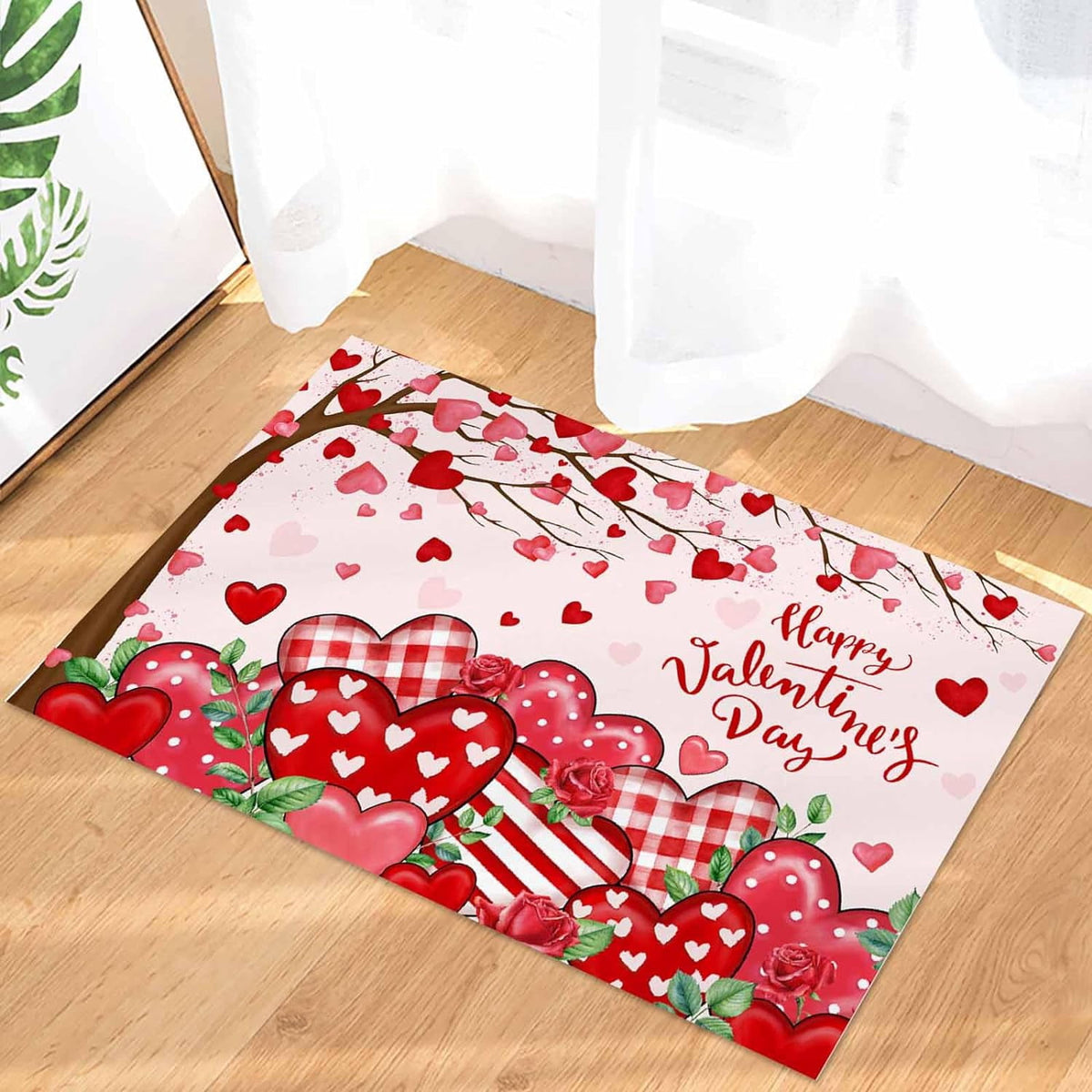 Christmas Snowman Trees Entrance Door Mat, Red Plaid Low Profile Tradition Christmas Decor Welcome Doormat, Non-Slip Carpet Rugs Floor Mat Decorative for Home/Bathroom/Kitchen - 20"x31.5"