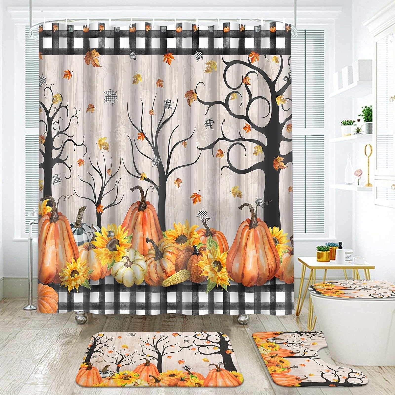 FRAMICS 16-Piece Fall Shower Curtain Sets with Rugs, Maple Leaves Pumpkin Bathroom Sets, Waterproof Fabric Bathroom Curtain Decor with Hooks