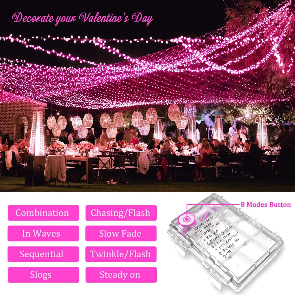 33ft 100 LED Pink Battery Lights for Bedroom, Pink Christmas String Lights with 8 Modes Remote Indoor Outdoor, Fairy Twinkle Lights for Room Party Tree Valentine