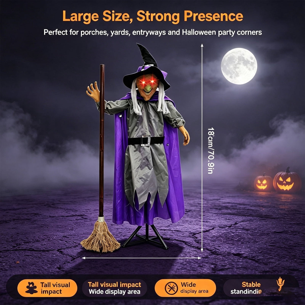 Halloween Flying Witch on Broom Decorations, 6 FT Animated Hovering Witch Animatronics Holding Sweeper Props with Scary Lights, House Decor for Outside Indoor Garden Yard Lawn