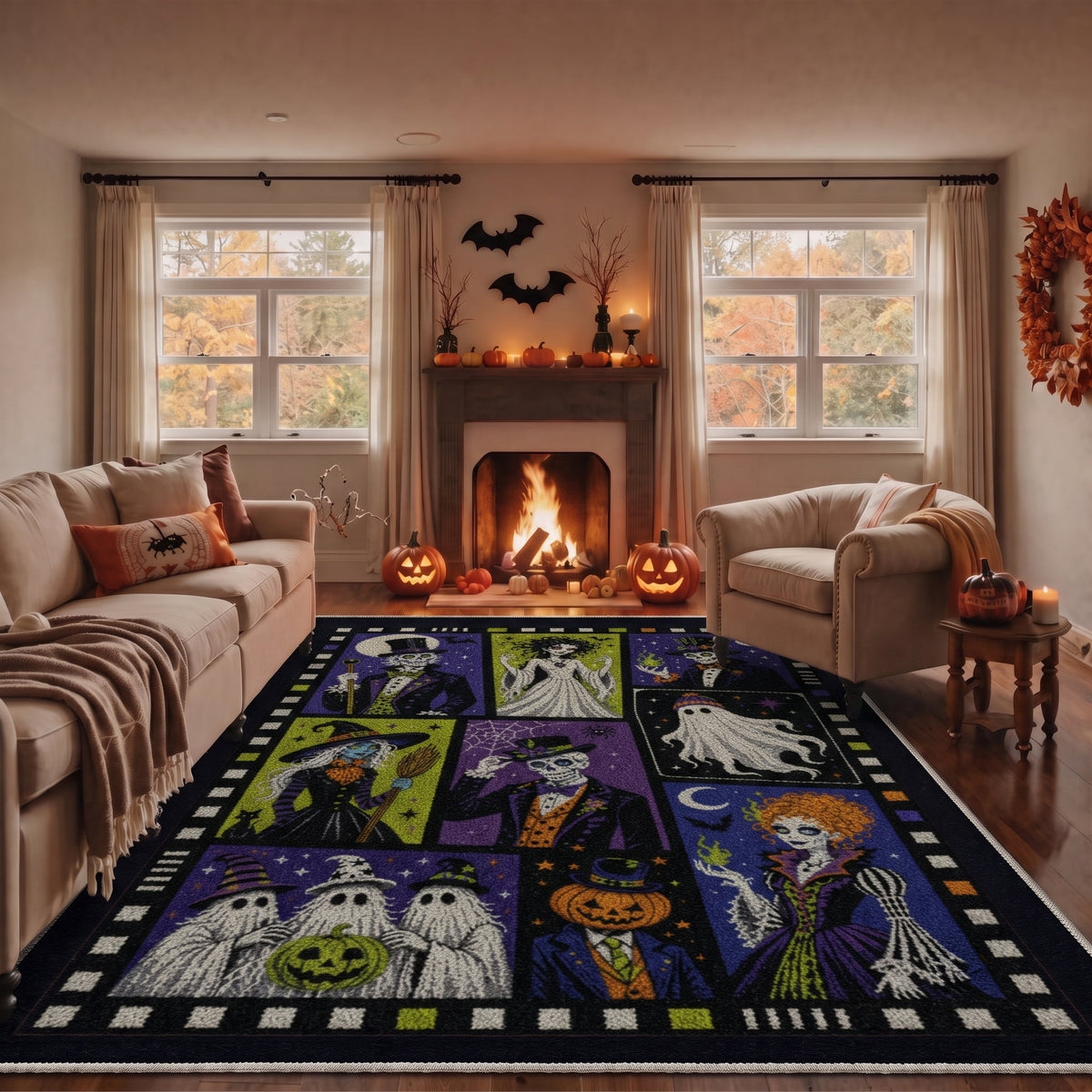 GENIMO 2'x7' Halloween Runner Rug, Washable Non Slip Soft Whimsical Skeleton Indoor Outdoor Hallway Runner for Porch Patio Kitchen Entryway, Charcoal Black
