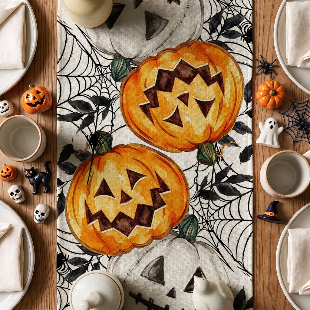 Smile Jack O Lantern Pumpkin Ghost Spider Halloween Table Runner 13 x 72 Inch