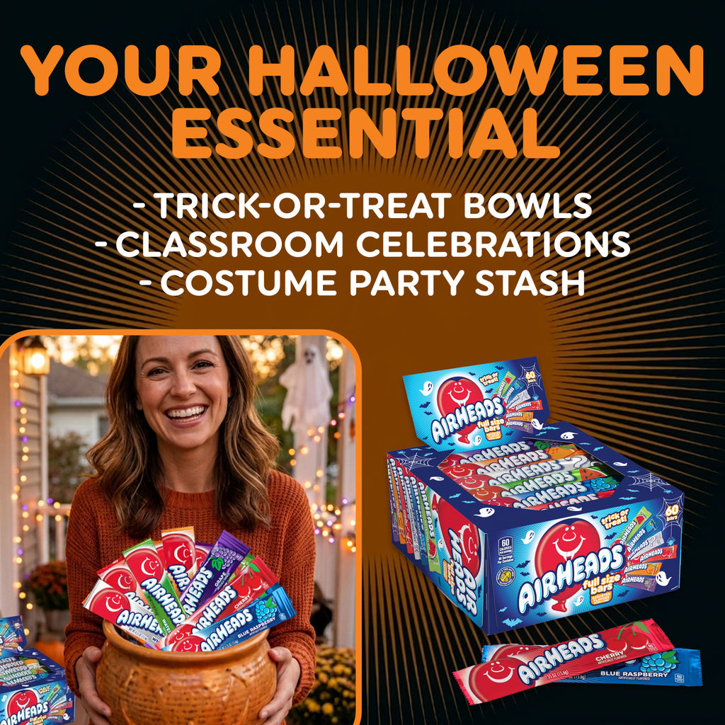 Airheads Halloween Chewy Candy Bars, Assorted, Nut Free, Regular Size, 33oz, 60 Count