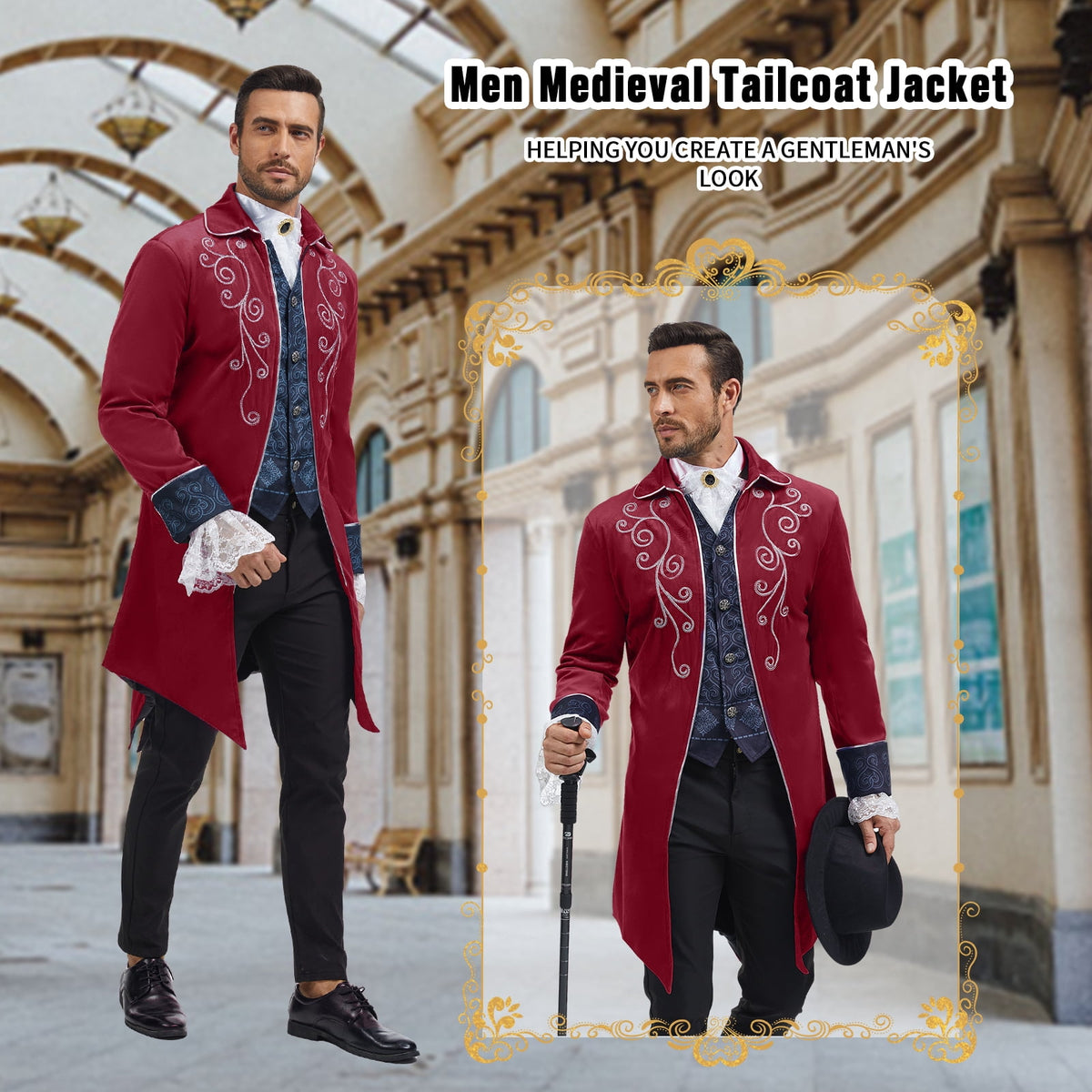 MYATED Medieval Steampunk Tailcoat for Men,Gothic Victorian Frock Coat Renaissance Pirate Jackets Halloween Party Cosplay Costumes,Blue,S