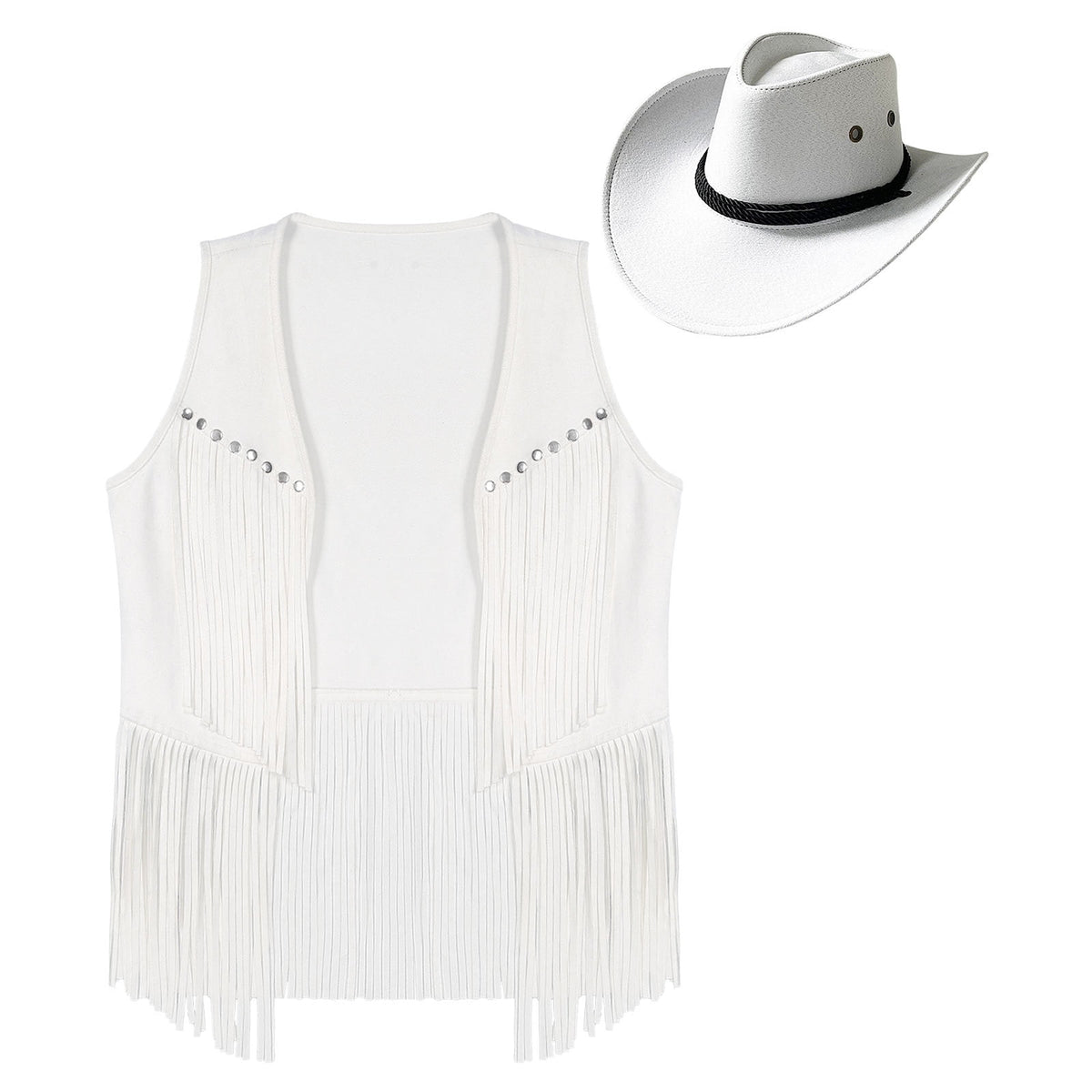 TiaoBug Men's Western Cowboy Cosplay Costume Tassel Rivets Waistcoat with Wide Brim Hats Sets Black L