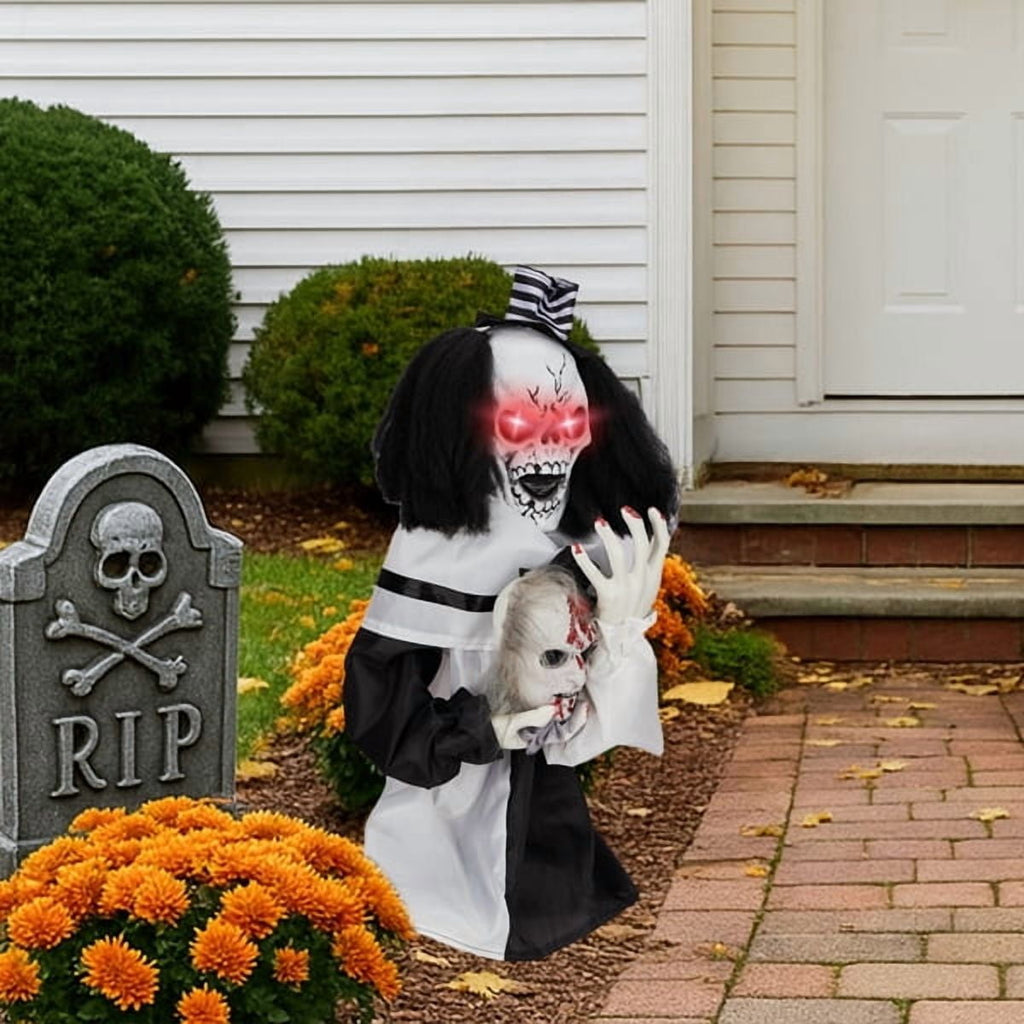 1.8ft Halloween Animated Scary Clown, Sound-Activated (Red LED Eyes + Bouncing Motion + Scary Male Voice), for Yard/Party/Haunted House