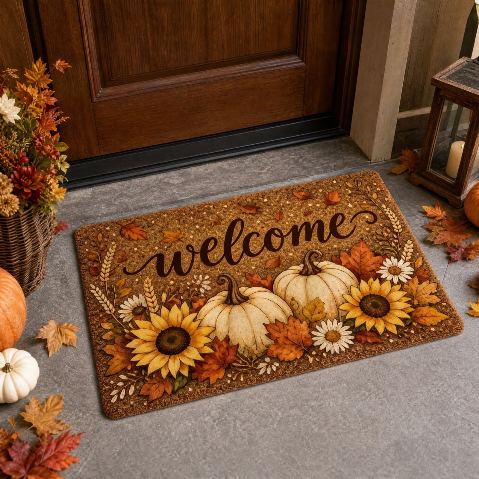 syligr Halloween Thanksgiving Doormat with Maple Leaf & Pumpkin Patterns - Non-Slip Floor Mat for Entryway, Kitchen, Porch, Fall Harvest Decor Rug with Anti-Fatigue Backing, Gift for Thanksgiving