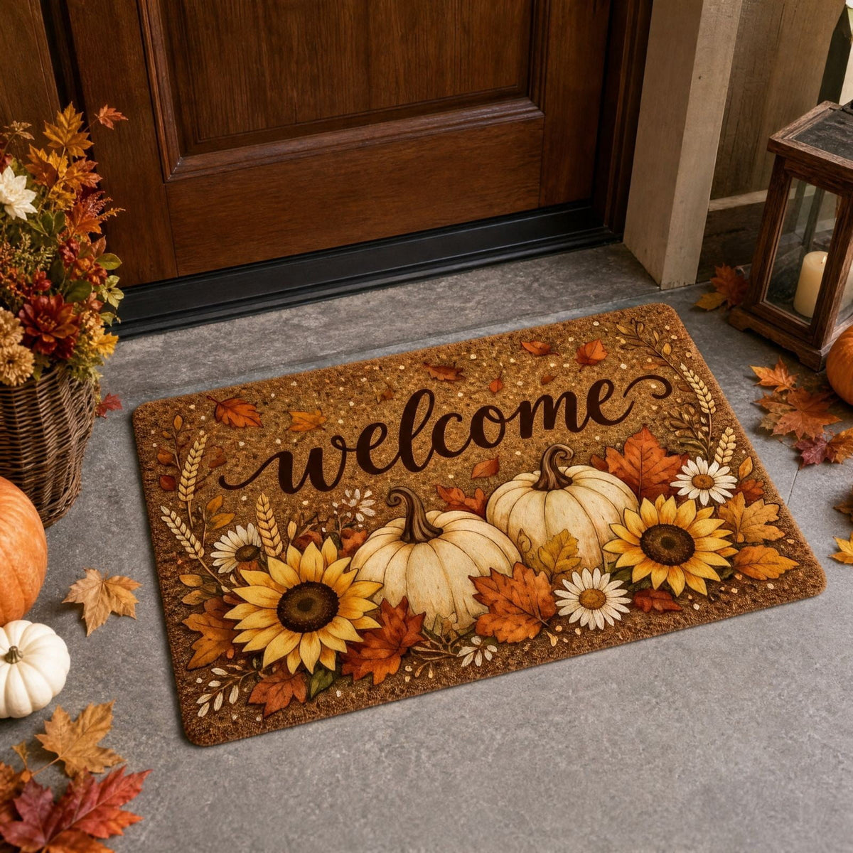 Fall Thanksgiving Welcome Doormat with Pumpkin Maple Leaf Design 15.75 x 23.62 Inch Crystal Velvet Seasonal Rug for Entryway Kitchen Home Decor