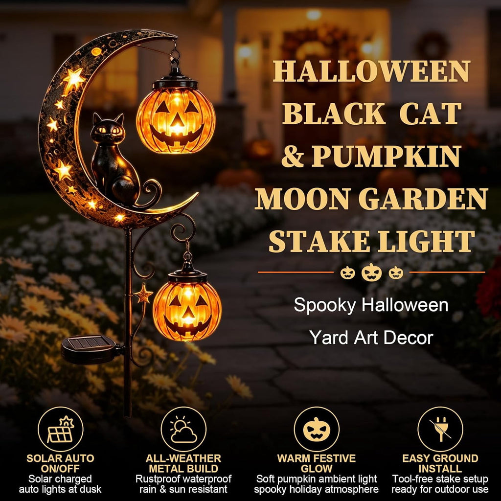 Solar Halloween Black Cat & Pumpkin Moon Garden Stake Light | Waterproof Metal Black Cat Yard Ornament, Auto On Off Solar Outdoor Light, Fall Halloween Decor Stake for Lawn Patio Pathway