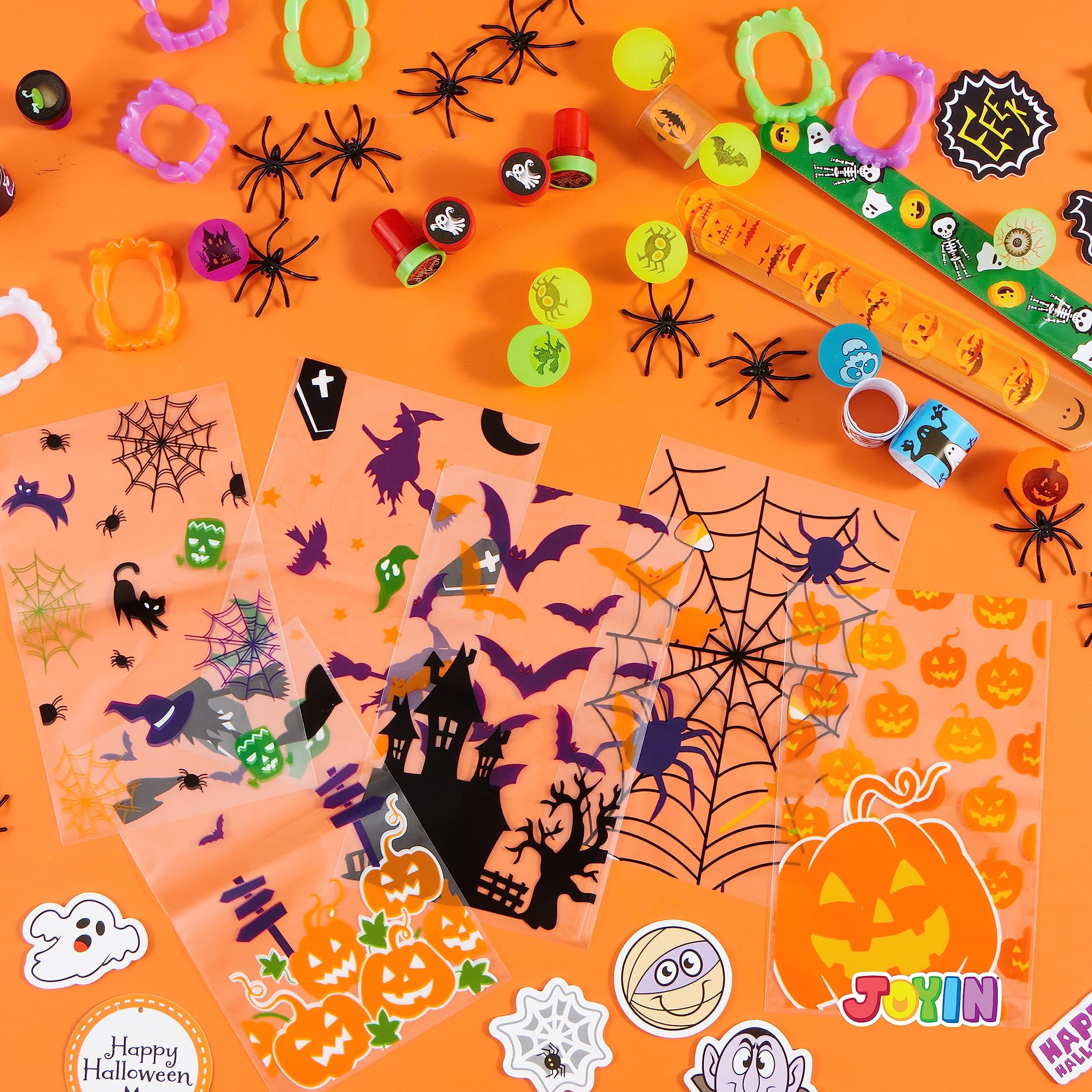 Joyfy 168 Pcs Halloween Stationery Party Favors,Halloween Gifts for Kids,Halloween Goodies Including Halloween Vampire Teeth,Spiders,Stamps,Stickers,Slap Bracelets