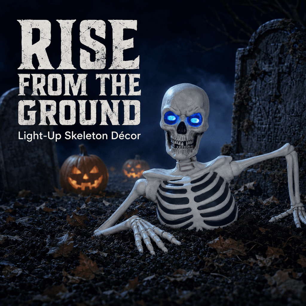Ground Breaking Skeleton with LCD Glowing Eyes, Animated Halloween Prop Decoration, Spooky Yard Ornament for Lawn, Garden, Haunted House & Holiday Display, White